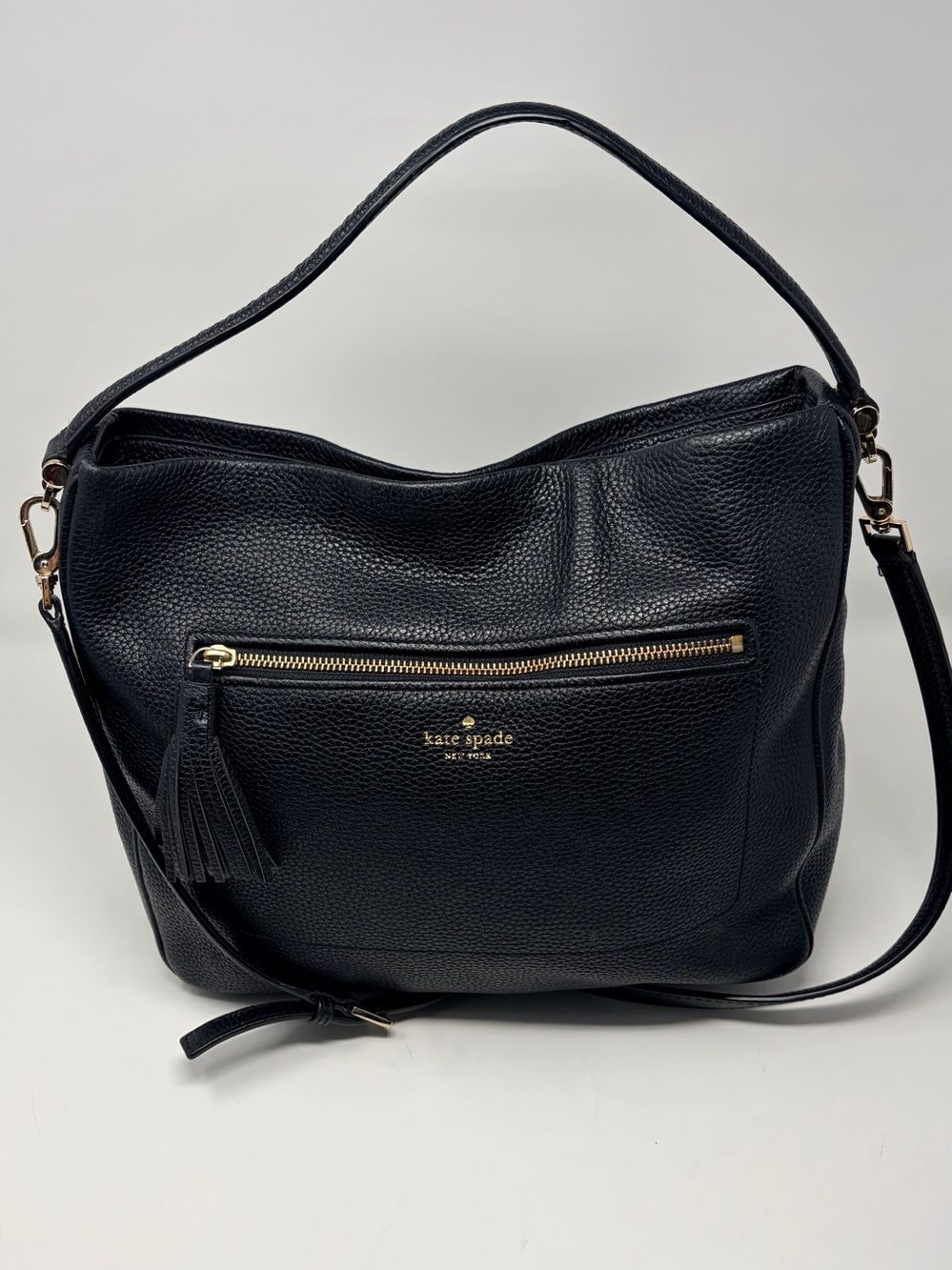 kate spade Black Pebbled Leather Shoulder Bag with Tassel